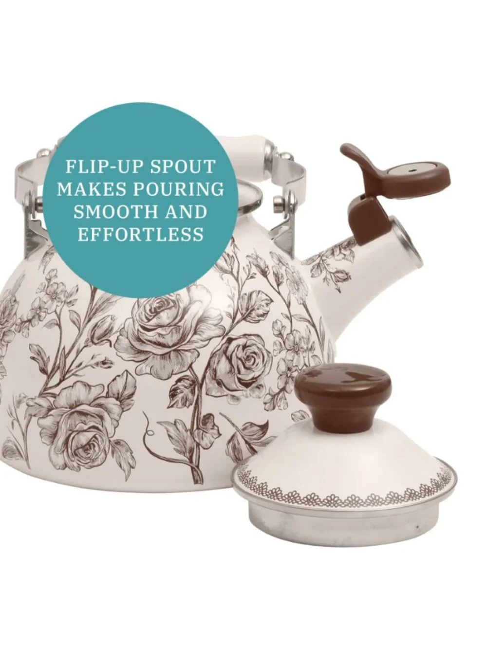 The Pioneer Woman Brown Enamel on Steel Agatha 2.0-Quart Whistling Tea Kettle